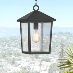 John Timberland Westmont 15 3/4" High Modern Outdoor Pendant Light Fixture Ceiling Porch House Hanging Sand Black Aluminum Seeded Glass Shade