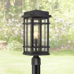 John Timberland Mission Outdoor Post Light Fixture Oil Rubbed Bronze 19 1/4" Clear Seedy Glass For Exterior Garden Yard Walkway