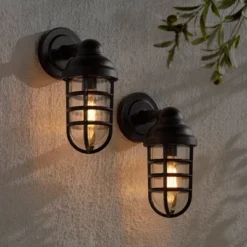 John Timberland Marlowe Industrial Outdoor Wall Light Fixtures Set Of 2 Bronze Metal Cage 13 1/4" Clear Glass For Post Exterior Barn Deck House Porch -John Timberland Shop GUEST eaf0043e 3f61 4081 85a5 d2715d324e33
