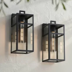 John Timberland San Lucas 14 1/2" High Modern Outdoor Wall Light Fixture Mount Porch House Set Of 2 Weatherproof Sand Black Metal Clear Glass Shade