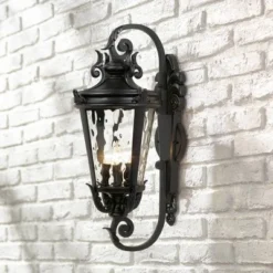 John Timberland Casa Marseille Vintage Rustic Outdoor Wall Light Fixture Black Scroll Arm 27 1/2" Clear Hammered Glass For Post Exterior Barn Deck