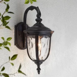 John Timberland Bellagio Vintage Rustic Outdoor Wall Light Fixture Texturized Black Downbridge 16 1/2" Clear Hammered Glass For Post Exterior Barn