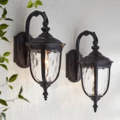 John Timberland Bellagio Vintage Outdoor Wall Light Fixtures Set Of 2 Texturized Black Downbridge 16 1/2" Clear Hammered Glass For Post Exterior Barn