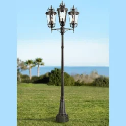 John Timberland Casa Marseille Vintage Outdoor Post Light Textured Black 3-Light Street Lantern 100" Clear Hammered Glass For Exterior Light Barn Deck