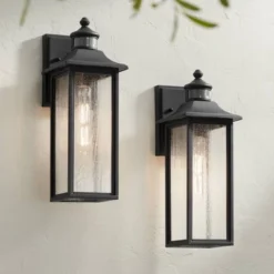 John Timberland Mission Outdoor Wall Light Fixtures Set Of 2 Black Motion Sensor 16 1/2" Seeded Glass For Post Exterior Barn Deck