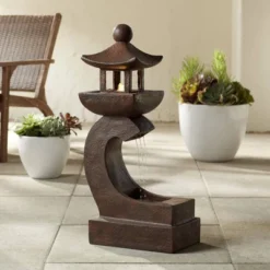 Pagoda 31" High Large Zen Japanese Indoor Outdoor Decor Rust Stone Floor Fountain With Light LED Waterfall Outside Garden Patio Yard